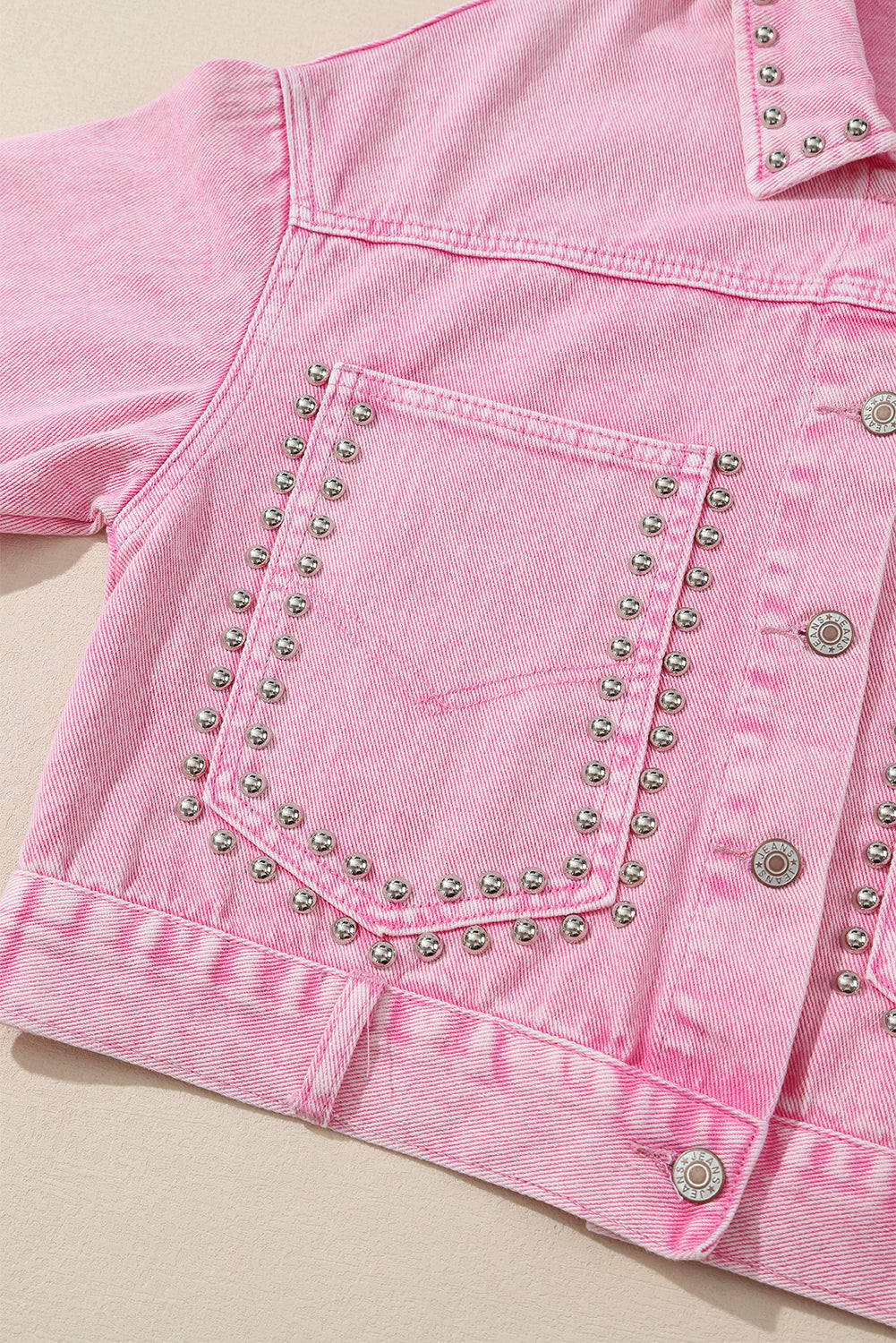 Pink Rivet Studded Pocketed Denim Jacket - Premium Outerwear from Momma Done Gone Crafty- Just $65.99! Shop now at Momma Done Gone Crafty