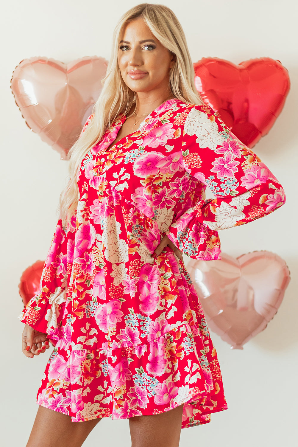Red Floral Print High Waist V Neck Babydoll Mini Dress - Premium Dresses/Mini Dresses from Momma Done Gone Crafty- Just $38.99! Shop now at Momma Done Gone Crafty