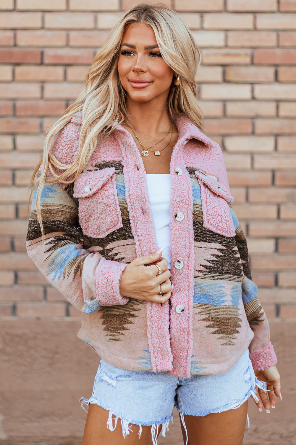 Pink Western Aztec Print Sherpa Splicing Buttoned Flap Pocket Coat - Premium Outerwear/Jackets from Ashes 2 Wildflowers Boutique, LLC- Just $37.40! Shop now at Ashes 2 Wildflowers Boutique, LLC