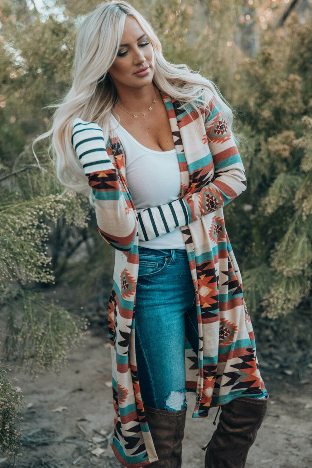 Multicolor Geometric Color Block Open Front Long Cardigan - Premium Tops from Momma Done Gone Crafty- Just $32.94! Shop now at Momma Done Gone Crafty