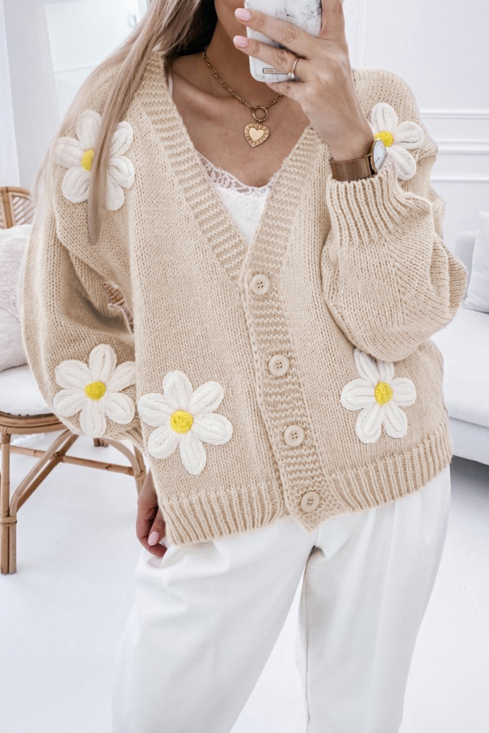 Parchment Elegant Flower Decor Button Front Cardigan - Premium Sweaters & Cardigans/Cardigans from Momma Done Gone Crafty- Just $45.45! Shop now at Momma Done Gone Crafty