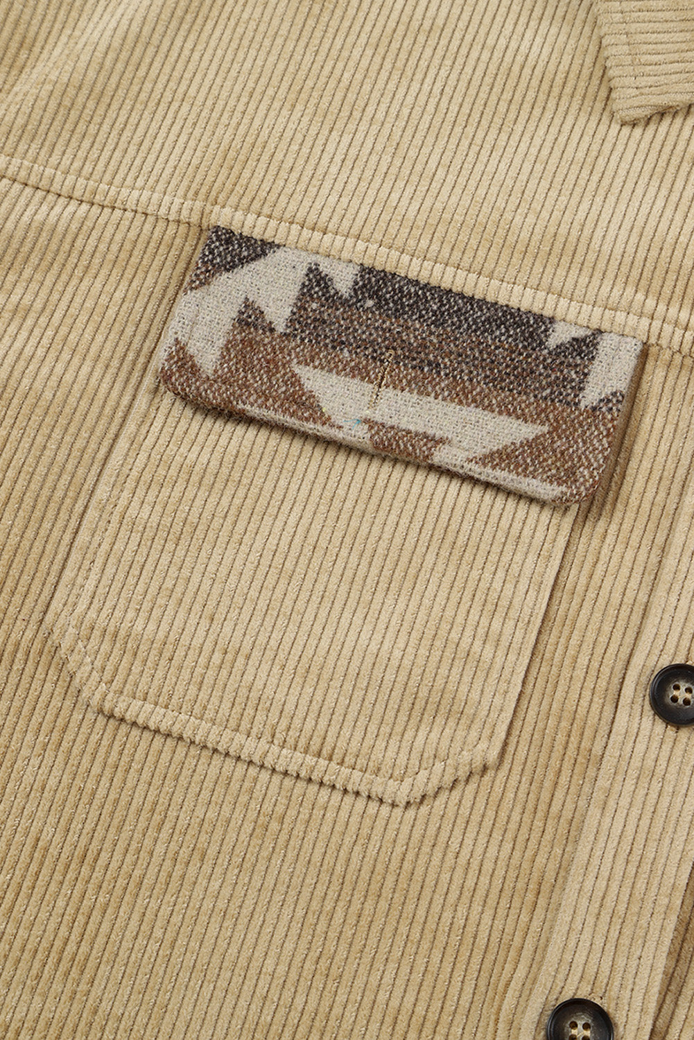 Khaki Aztec Print Patchwork Frayed Edge Corduroy Jacket - Premium Outerwear from Momma Done Gone Crafty- Just $62.70! Shop now at Momma Done Gone Crafty
