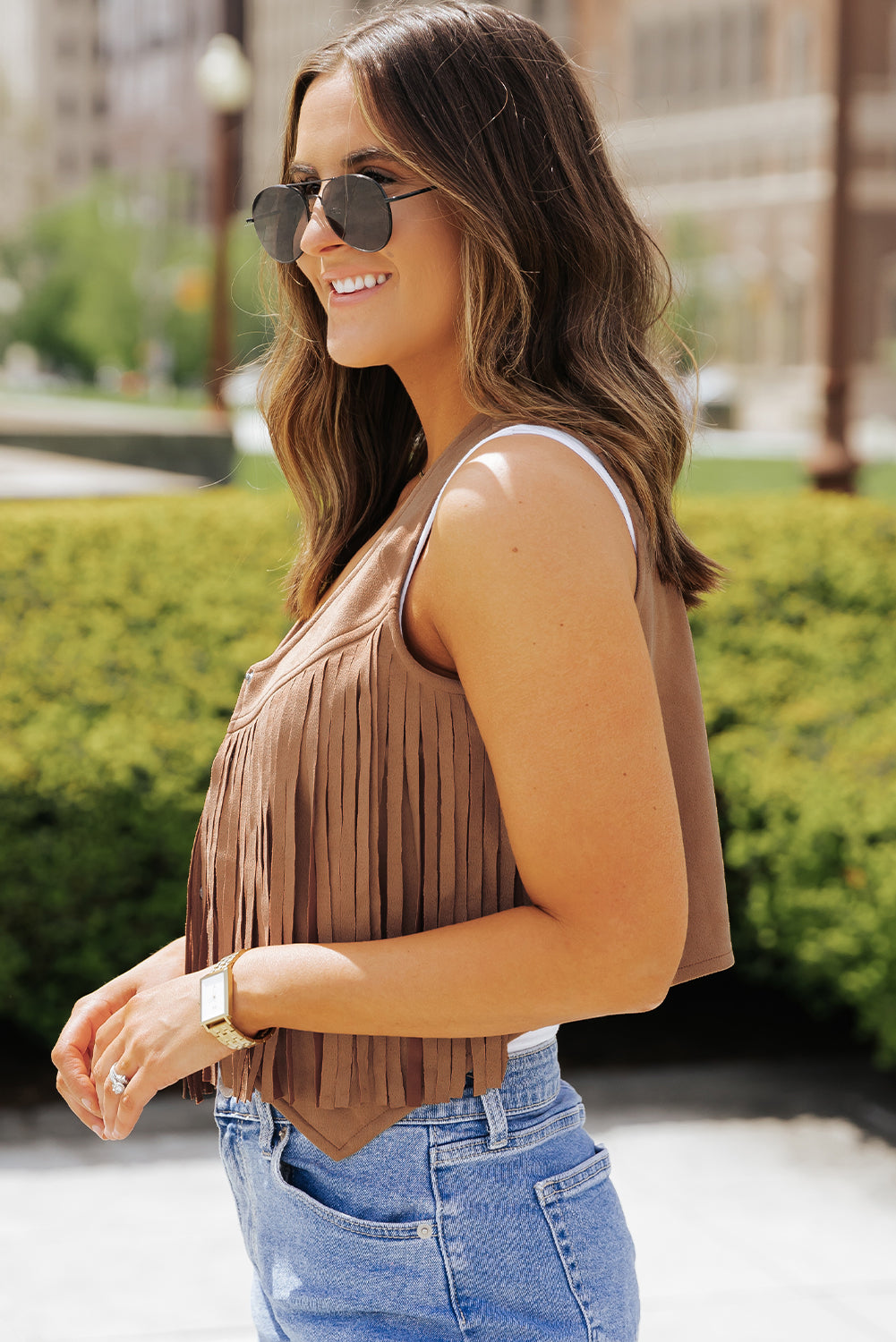 Camel Fringed Snap Button Front Suedette Vest - Premium Outerwear/Jackets from Momma Done Gone Crafty- Just $18.84! Shop now at Momma Done Gone Crafty