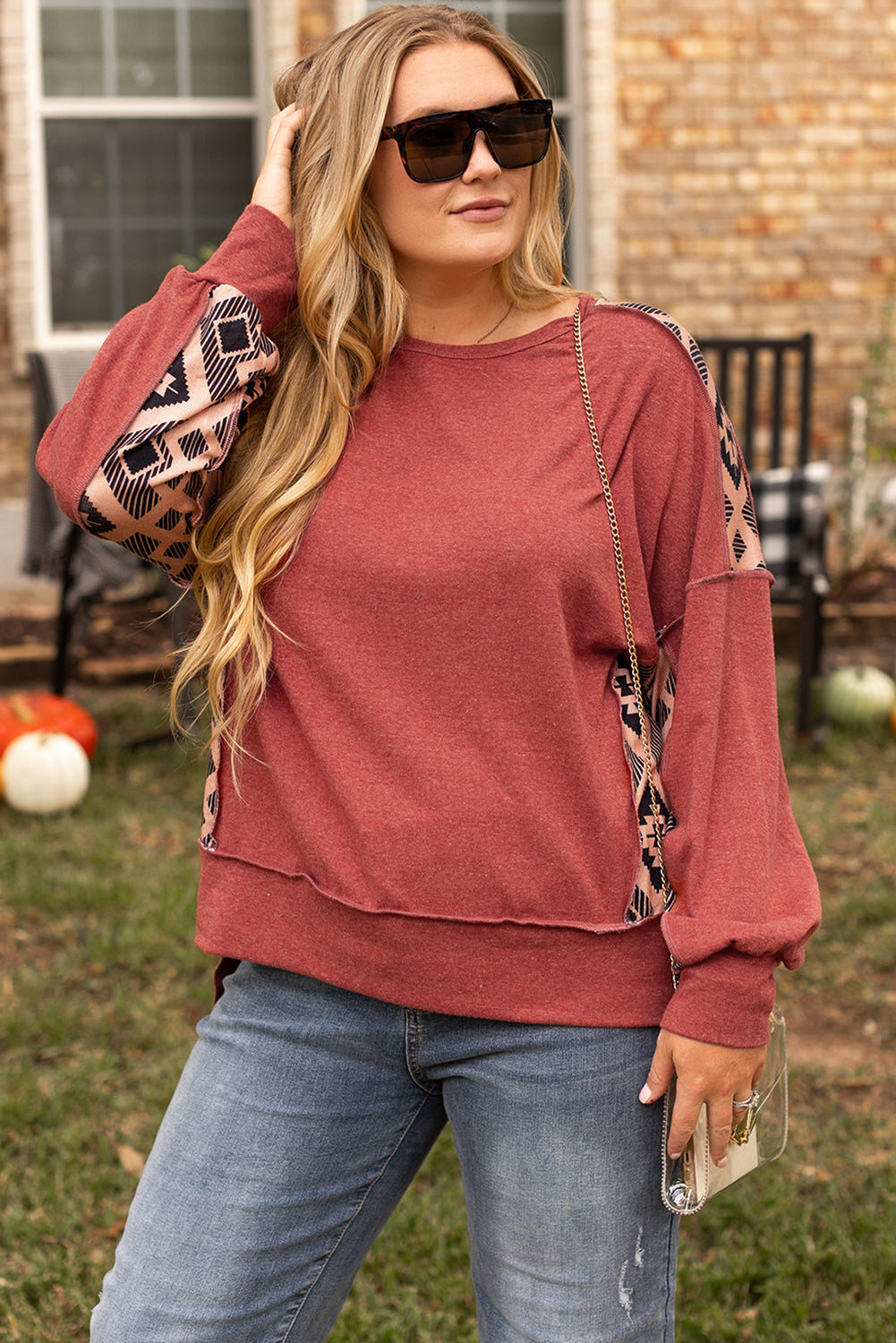 Redwood Burl Aztec Patchwork Drop Shoulder Plus Size High Low Sweatshirt - Premium Plus Size/Plus Size Sweatshirts & Hoodies from Momma Done Gone Crafty- Just $22.65! Shop now at Momma Done Gone Crafty
