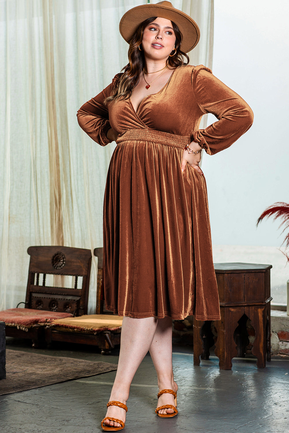 Camel Surplice V Neck Balloon Sleeve Velvet Dress - Premium Plus Size/Plus Size Dresses/Plus Size Maxi Dresses from Momma Done Gone Crafty- Just $35.16! Shop now at Momma Done Gone Crafty