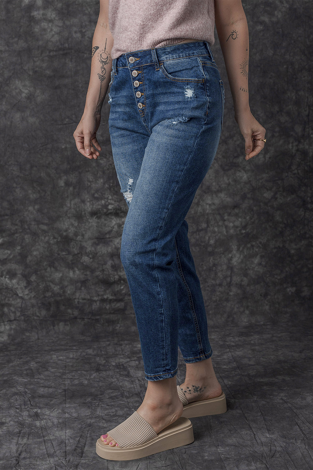 Blue Distressed Button Fly High Waist Skinny Jeans - Premium Bottoms from Momma Done Gone Crafty- Just $35.40! Shop now at Momma Done Gone Crafty