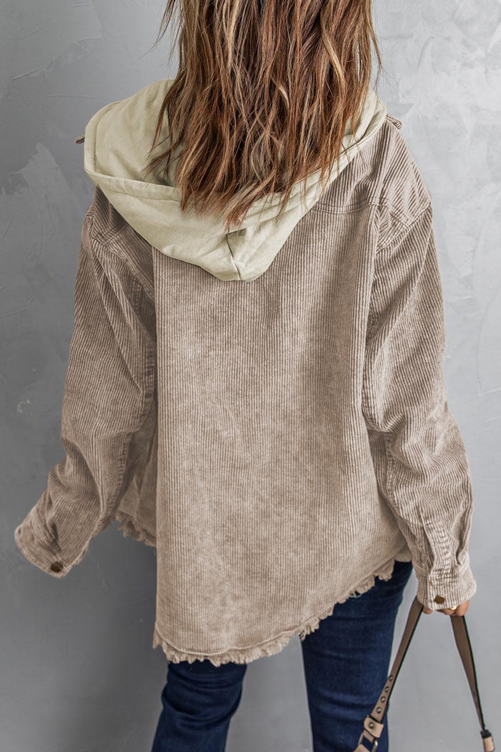 Khaki Patchwork Hooded Corduroy Shacket - Premium Outerwear from Momma Done Gone Crafty- Just $53.94! Shop now at Momma Done Gone Crafty