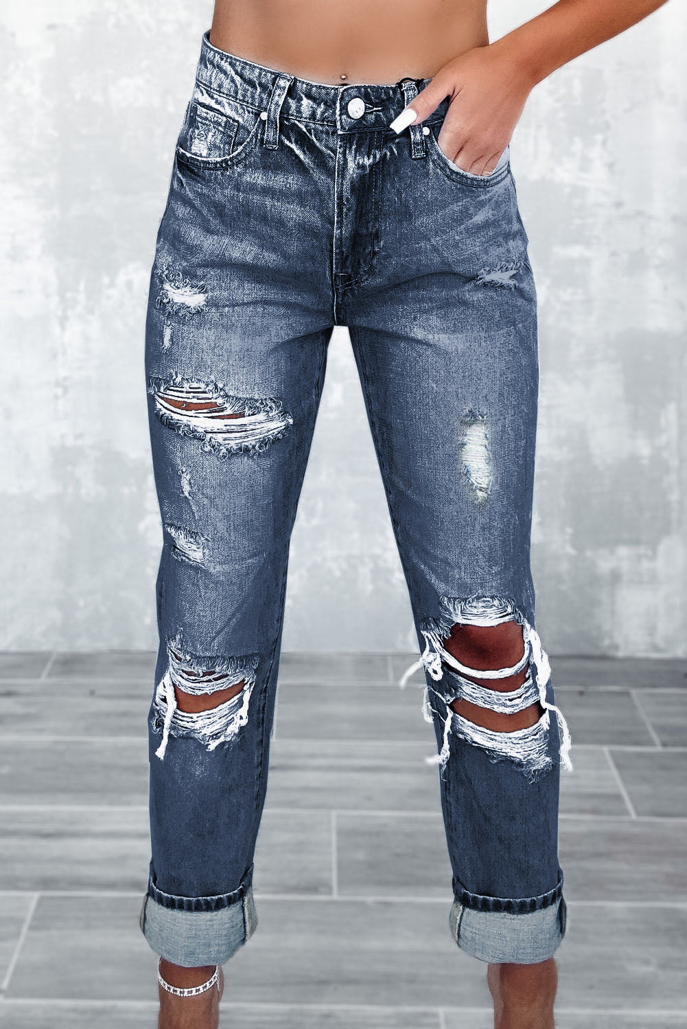 Navy Blue Light Wash Frayed Slim Fit High Waist Jeans - Premium Bottoms from Momma Done Gone Crafty- Just $64.99! Shop now at Momma Done Gone Crafty