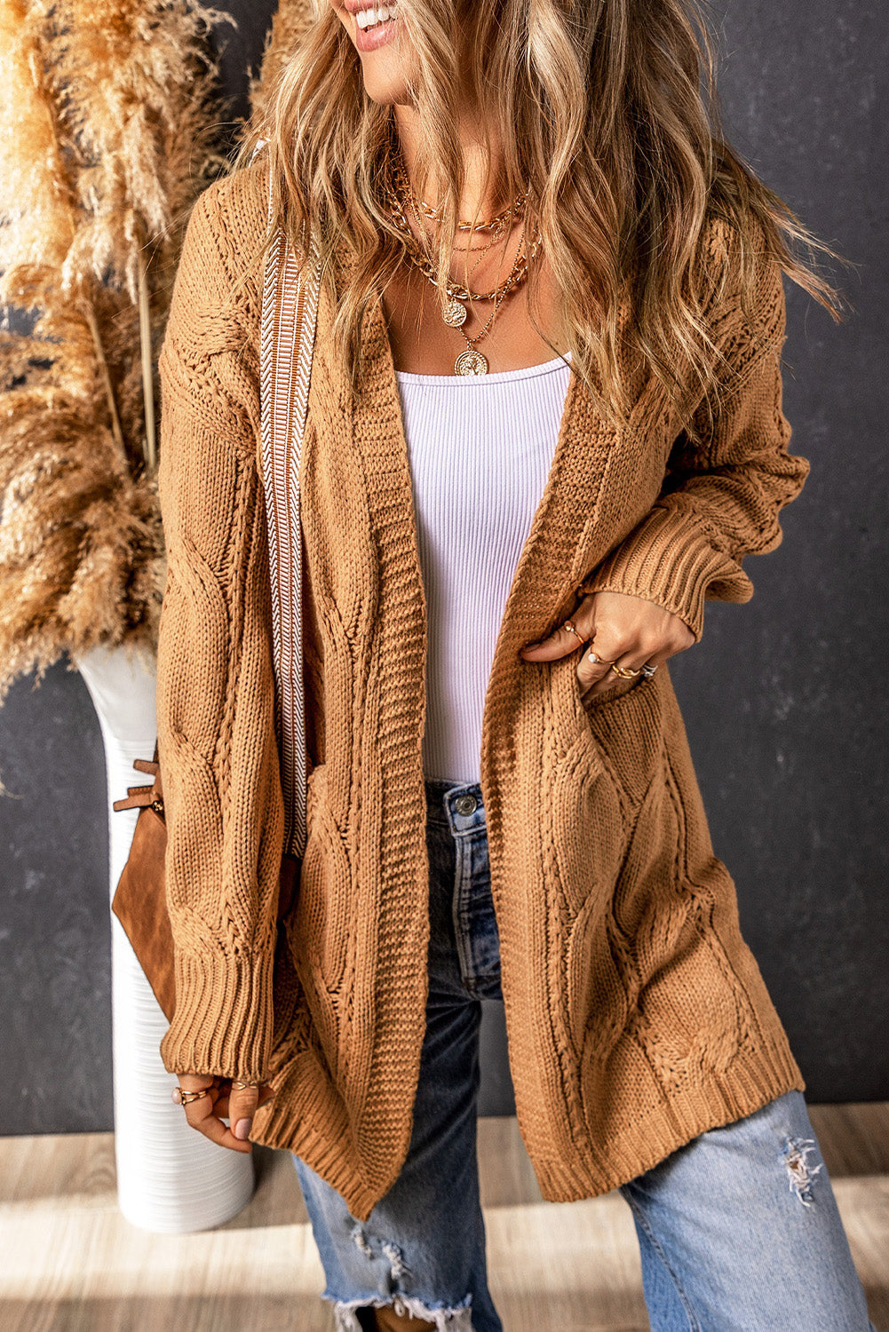 Khaki Ribbed Trim Eyelet Cable Knit Cardigan - Premium Tops from Momma Done Gone Crafty- Just $41.70! Shop now at Momma Done Gone Crafty