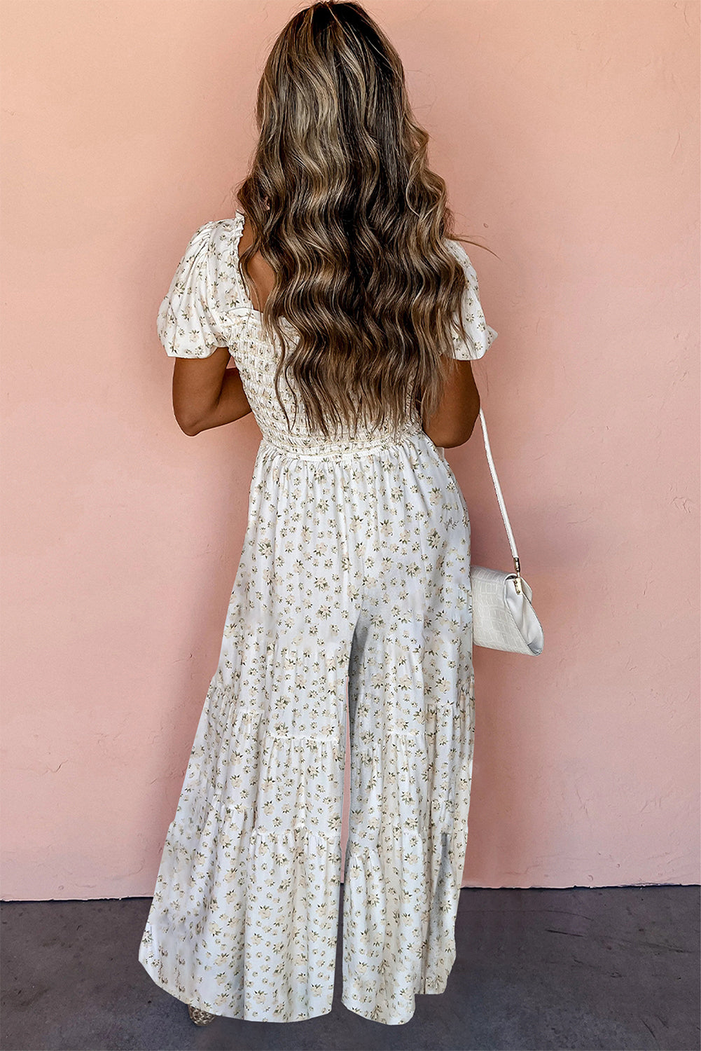 White Boho Floral Smocked Wide Leg Short Puff Sleeve Jumpsuit - Premium Bottoms/Jumpsuits & Rompers from Ashes 2 Wildflowers Boutique, LLC- Just $65.99! Shop now at Ashes 2 Wildflowers Boutique, LLC