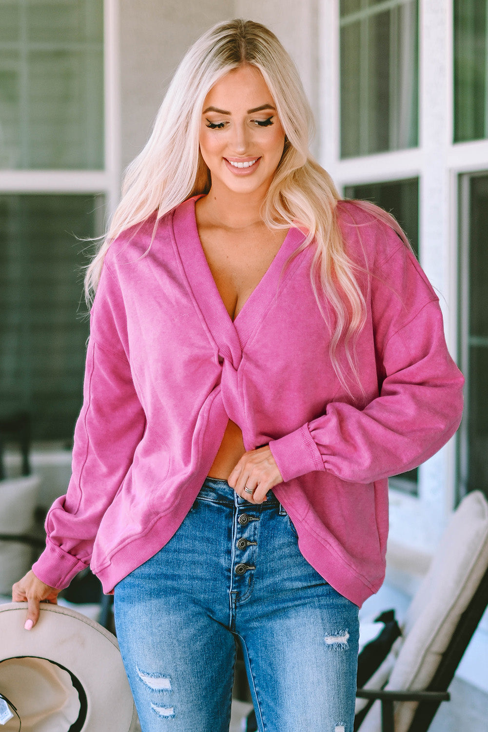 Rose Exposed Seam Twist Open Back Oversized Sweatshirt - Premium Tops from Momma Done Gone Crafty- Just $36.99! Shop now at Momma Done Gone Crafty
