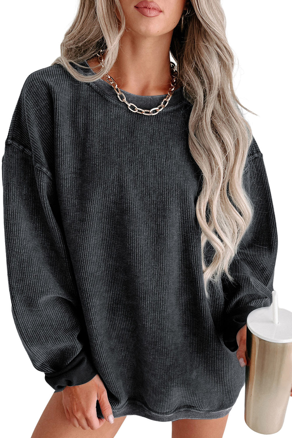 Black Solid Ribbed Knit Round Neck Pullover Sweatshirt - Premium Tops from Momma Done Gone Crafty- Just $41.94! Shop now at Momma Done Gone Crafty