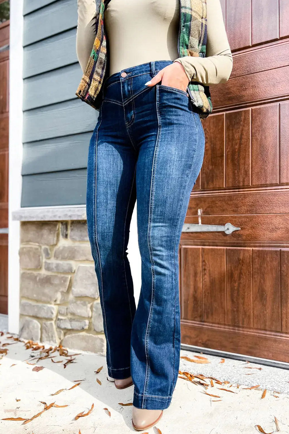Blue High Waist Seam Stitching Pocket Flare Jeans - Premium Bottoms from Momma Done Gone Crafty- Just $60! Shop now at Momma Done Gone Crafty