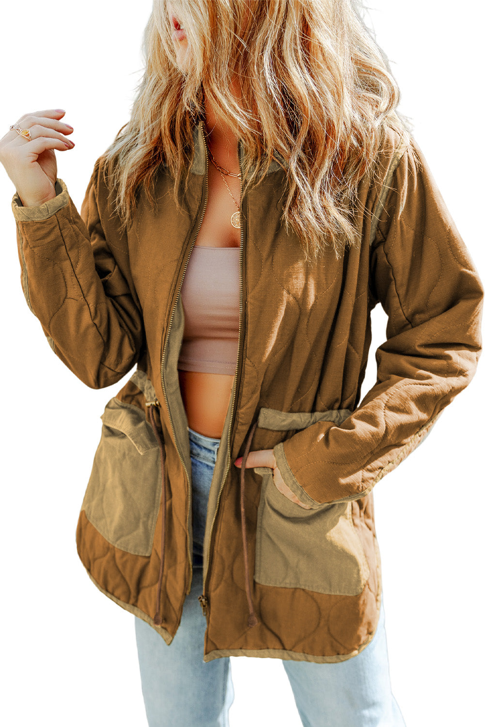Brown Stitching Quilted Drawstring Jacket - Premium Outerwear from Momma Done Gone Crafty- Just $65.94! Shop now at Momma Done Gone Crafty