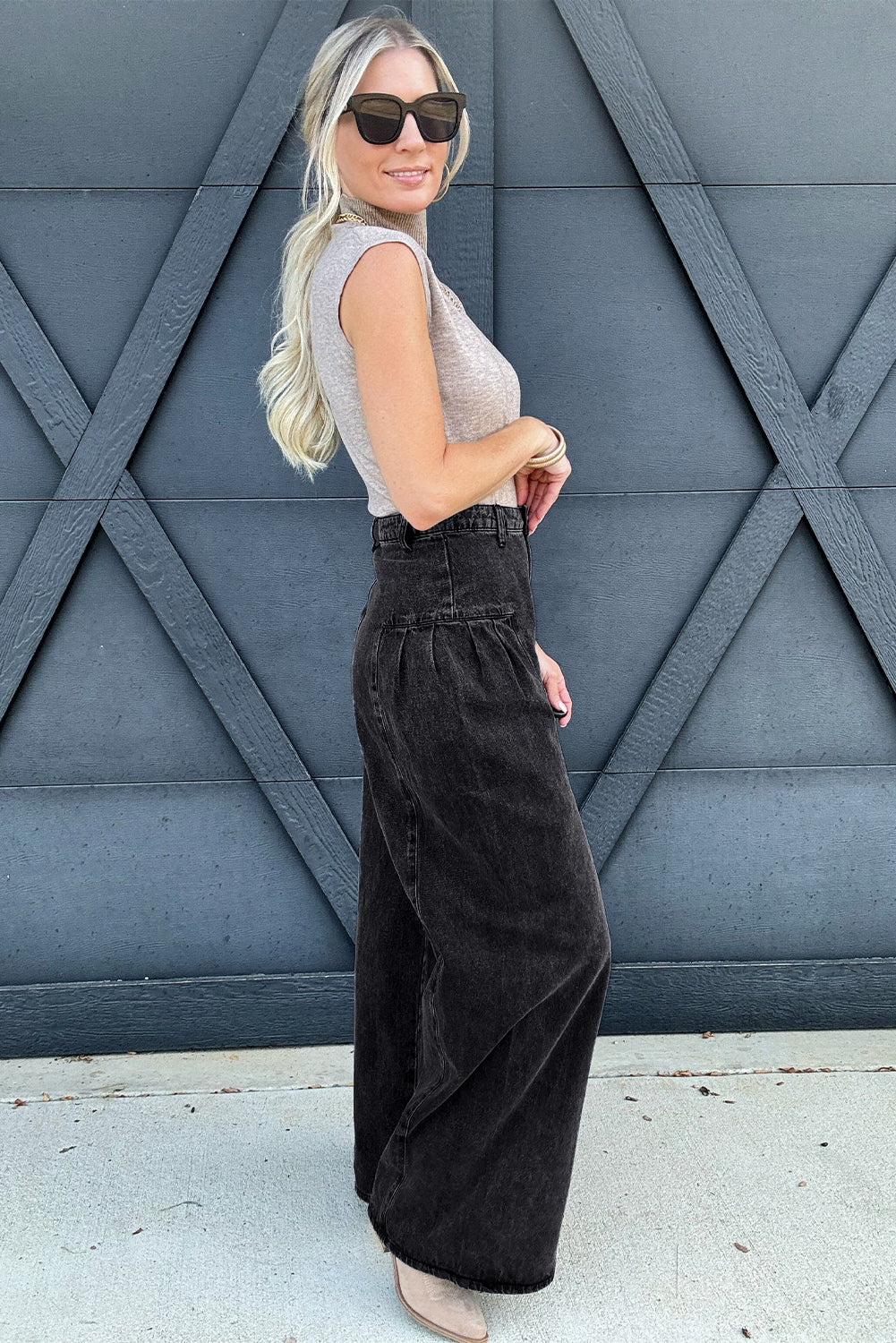 Dark Grey Pleated Wide Leg Mineral Wash Denim Pants - Premium Bottoms/Jeans from Momma Done Gone Crafty- Just $36.45! Shop now at Momma Done Gone Crafty
