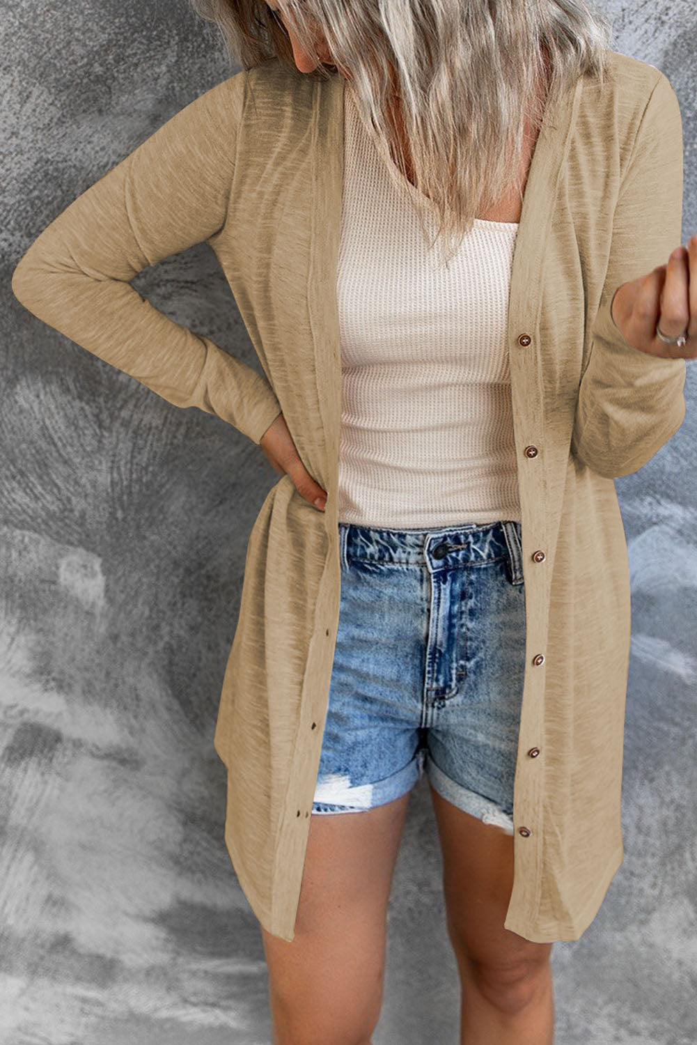 Solid Color Open-Front Buttons Cardigan - Premium Tops from Momma Done Gone Crafty- Just $19.80! Shop now at Momma Done Gone Crafty