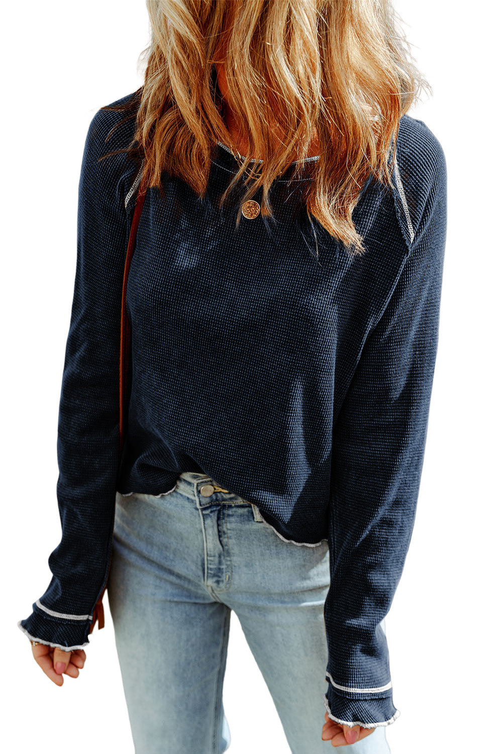 Blue Textured Round Neck Long Sleeve Top - Premium Tops from Momma Done Gone Crafty- Just $13.20! Shop now at Momma Done Gone Crafty