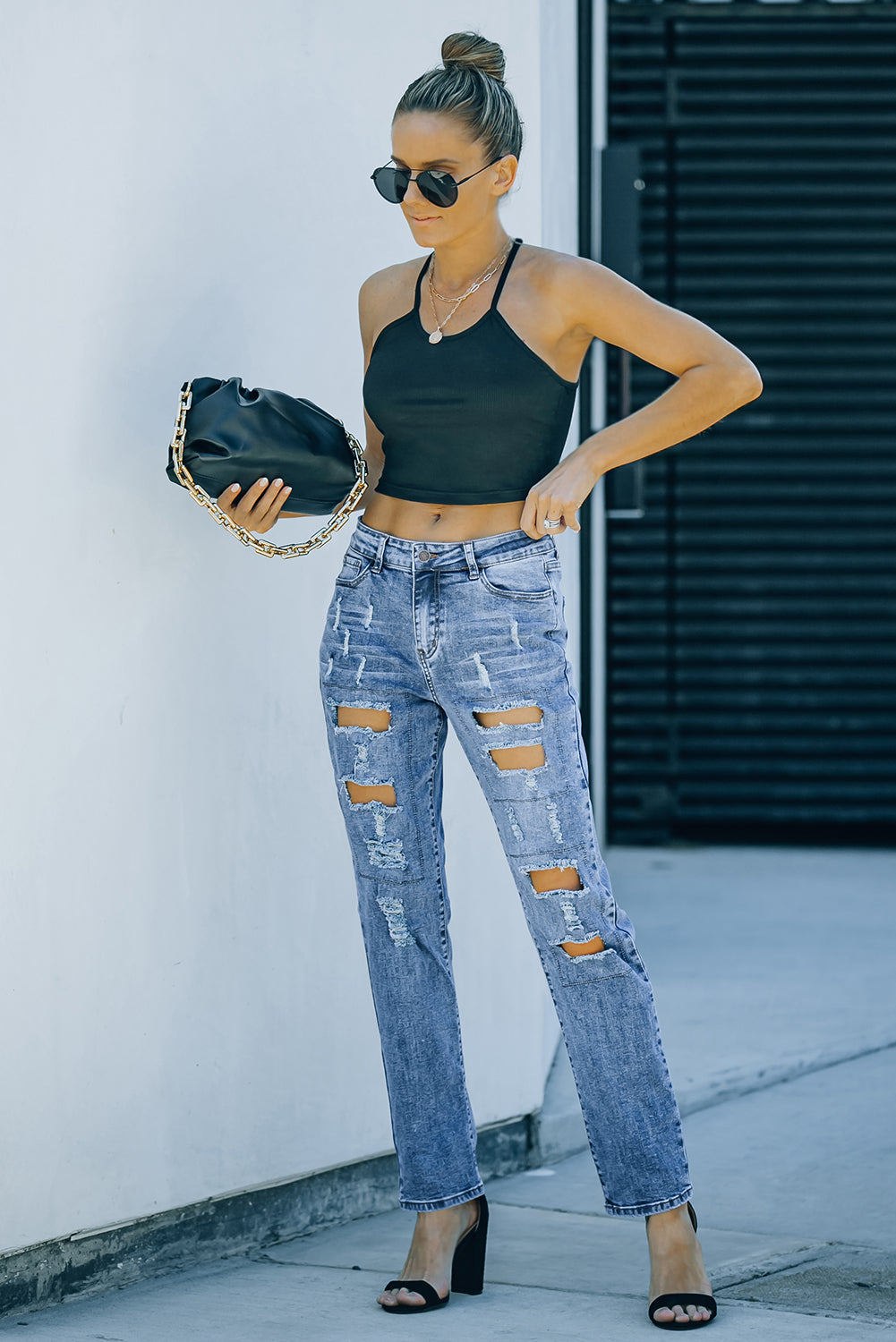 Sky Blue Buttoned Pockets Distressed Jeans - Premium Bottoms from Momma Done Gone Crafty- Just $38.99! Shop now at Momma Done Gone Crafty