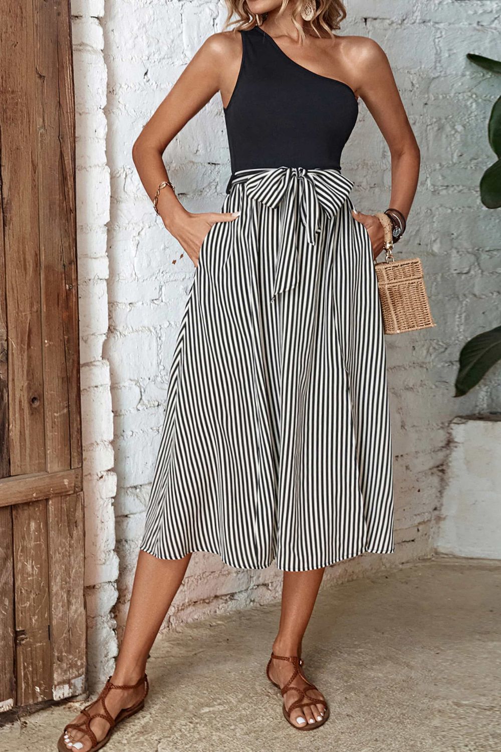 Striped One-Shoulder Slit Dress - Premium from Momma Done Gone Crafty- Just $43.99! Shop now at Momma Done Gone Crafty