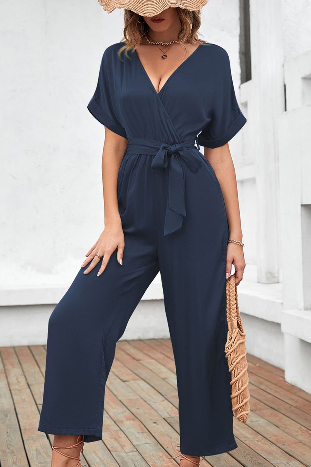 Tie Waist Surplice Wide Leg Jumpsuit - Premium from Momma Done Gone Crafty- Just $41.99! Shop now at Momma Done Gone Crafty