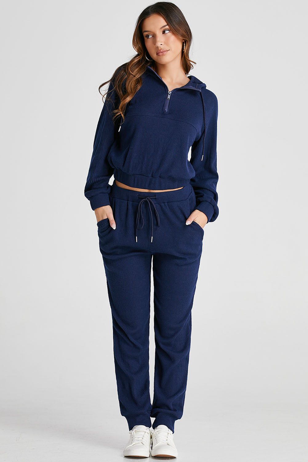Navy Blue Ribbed Knit Cropped Hoodie and Drawstring Joggers Set - Premium Activewear/Activewear Sets from Ashes 2 Wildflowers Boutique, LLC- Just $42! Shop now at Ashes 2 Wildflowers Boutique, LLC