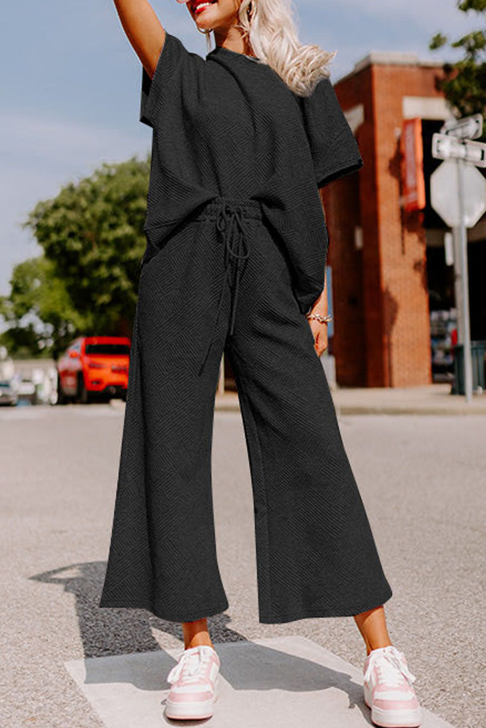 Black Textured Loose Fit T Shirt and Drawstring Pants Set - Premium Loungewear from Momma Done Gone Crafty- Just $58.99! Shop now at Momma Done Gone Crafty