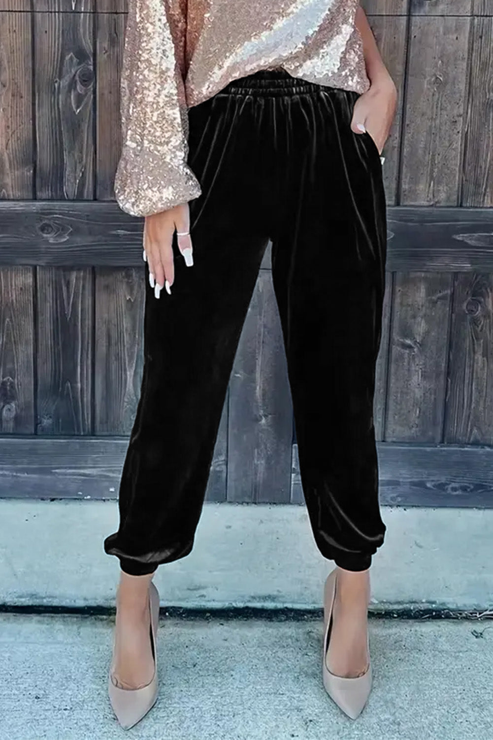 Black Solid Velvet Jogger Pants - Premium Bottoms from Momma Done Gone Crafty- Just $49.35! Shop now at Momma Done Gone Crafty