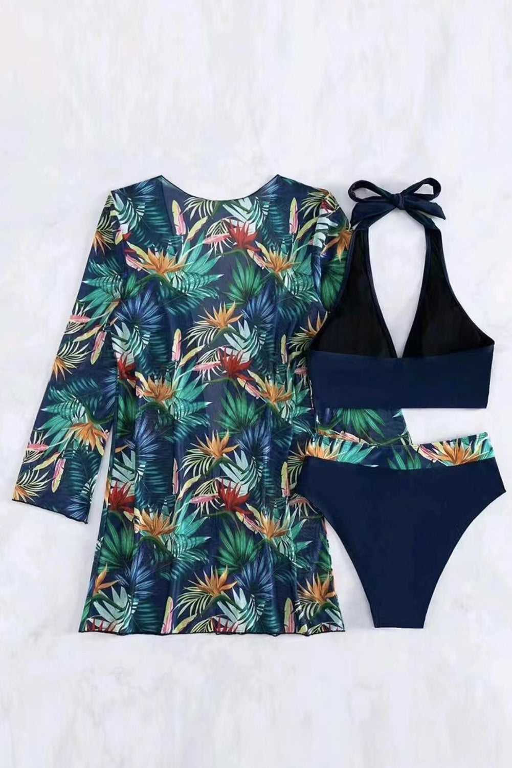 Black 3pcs Tropical Contrast Trim Halter Bikini Set with Cover up - Premium Swimwear/Bikinis from Ashes 2 Wildflowers Boutique, LLC- Just $25.86! Shop now at Ashes 2 Wildflowers Boutique, LLC