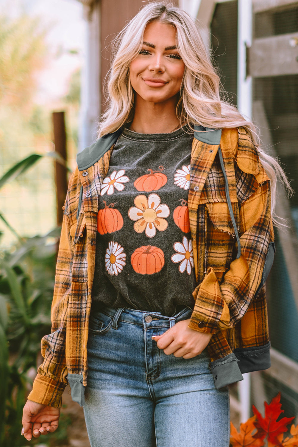 Orange Plaid Patch Hooded Frayed Snap Button Jacket - Premium Outerwear from Momma Done Gone Crafty- Just $52.62! Shop now at Momma Done Gone Crafty