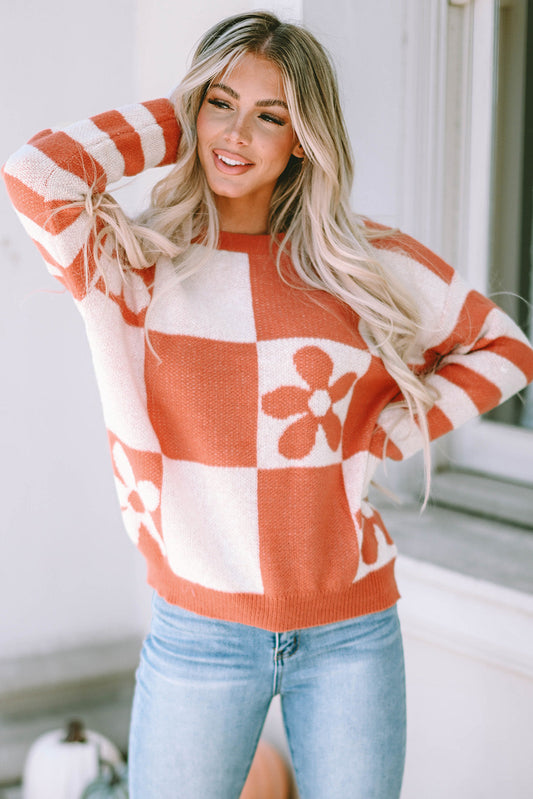 Brown Checkered Floral Print Striped Sleeve Sweater - Premium Tops from Momma Done Gone Crafty- Just $31.50! Shop now at Momma Done Gone Crafty