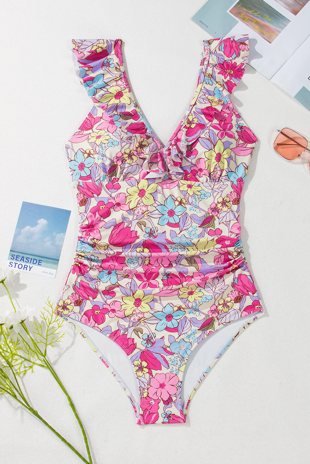 Pink Floral Ruffle Trim V Neck Lace-up Back Tummy Control One Piece Swimsuit - Premium Swimwear/One Piece Swimsuit from Ashes 2 Wildflowers Boutique, LLC- Just $28.99! Shop now at Ashes 2 Wildflowers Boutique, LLC