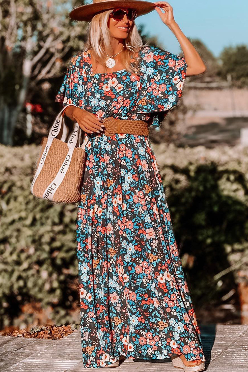 Sky Blue Floral Knotted Back Square Neck Maxi Dress - Premium Dresses/Floral Dresses from Momma Done Gone Crafty- Just $36.09! Shop now at Momma Done Gone Crafty