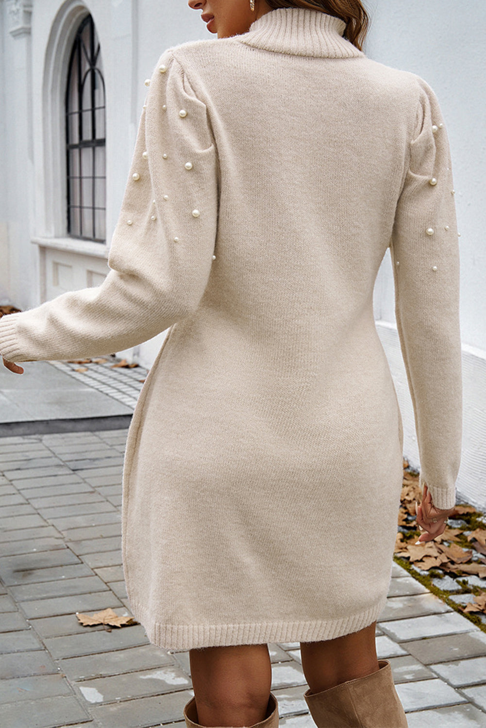 Parchment Pearl Beaded High Neck Bodycon Sweater Dress - Premium Sweaters & Cardigans/Sweater Dresses from Momma Done Gone Crafty- Just $36.69! Shop now at Momma Done Gone Crafty