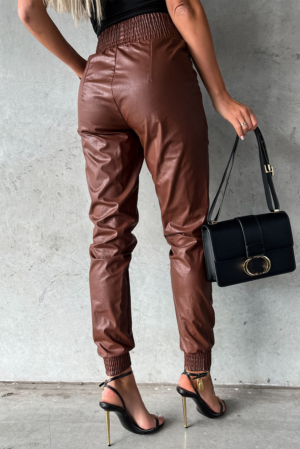 Brown Smocked High-Waist Leather Skinny Pants - Premium Bottoms from Momma Done Gone Crafty- Just $58.71! Shop now at Momma Done Gone Crafty