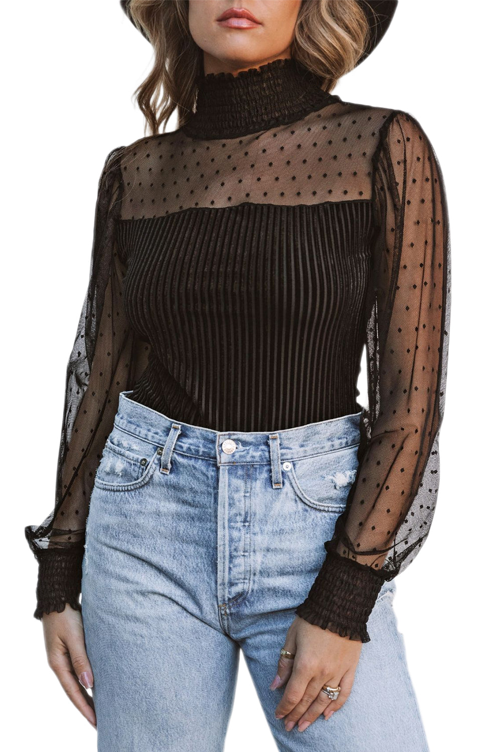 Black Sheer Dotty Long Sleeve Ribbed Velvet Bodysuit - Premium Tops from Momma Done Gone Crafty- Just $74.10! Shop now at Momma Done Gone Crafty