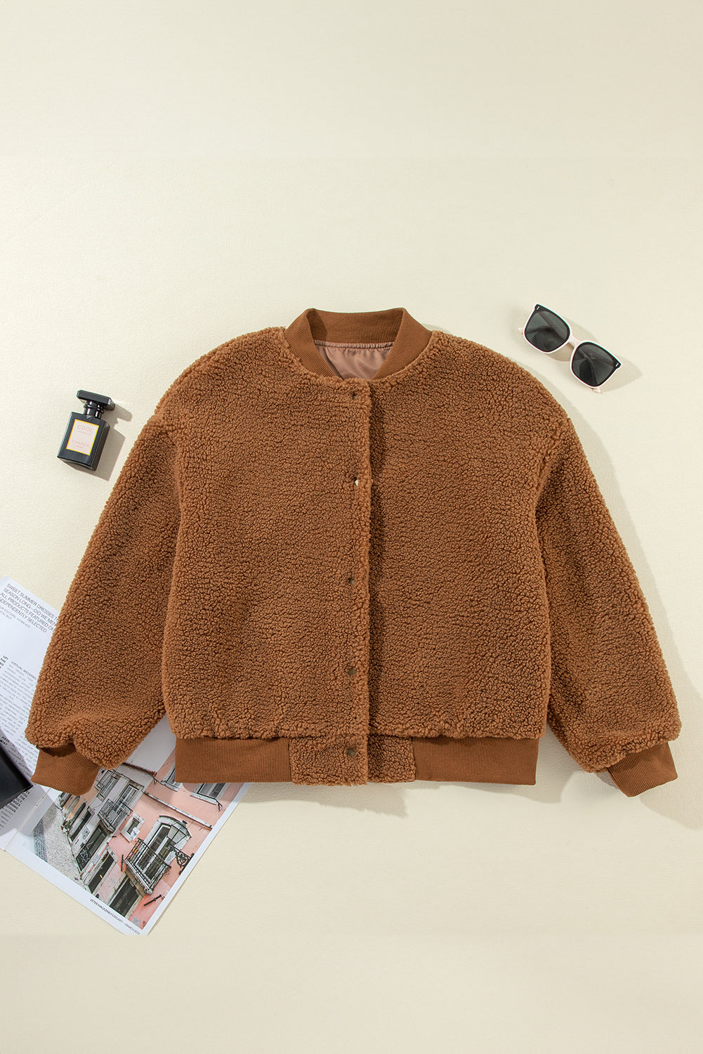 Redwood Burl Sherpa Ribbed Baseball Collar Bomber Jacket - Premium Sale (50% OFF)/30% OFF from Ashes 2 Wildflowers Boutique, LLC- Just $38.60! Shop now at Ashes 2 Wildflowers Boutique, LLC
