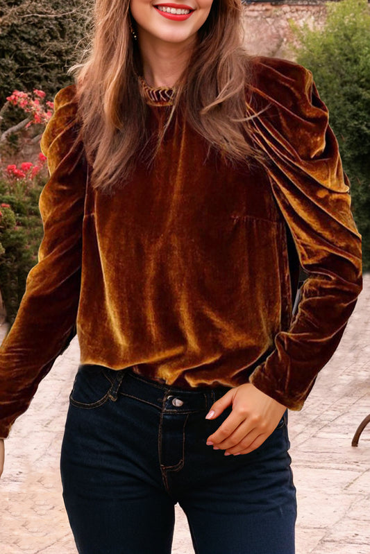 Chestnut Frilled Collar Puff Sleeve Velvet Top - Premium Tops from Momma Done Gone Crafty- Just $25.99! Shop now at Momma Done Gone Crafty