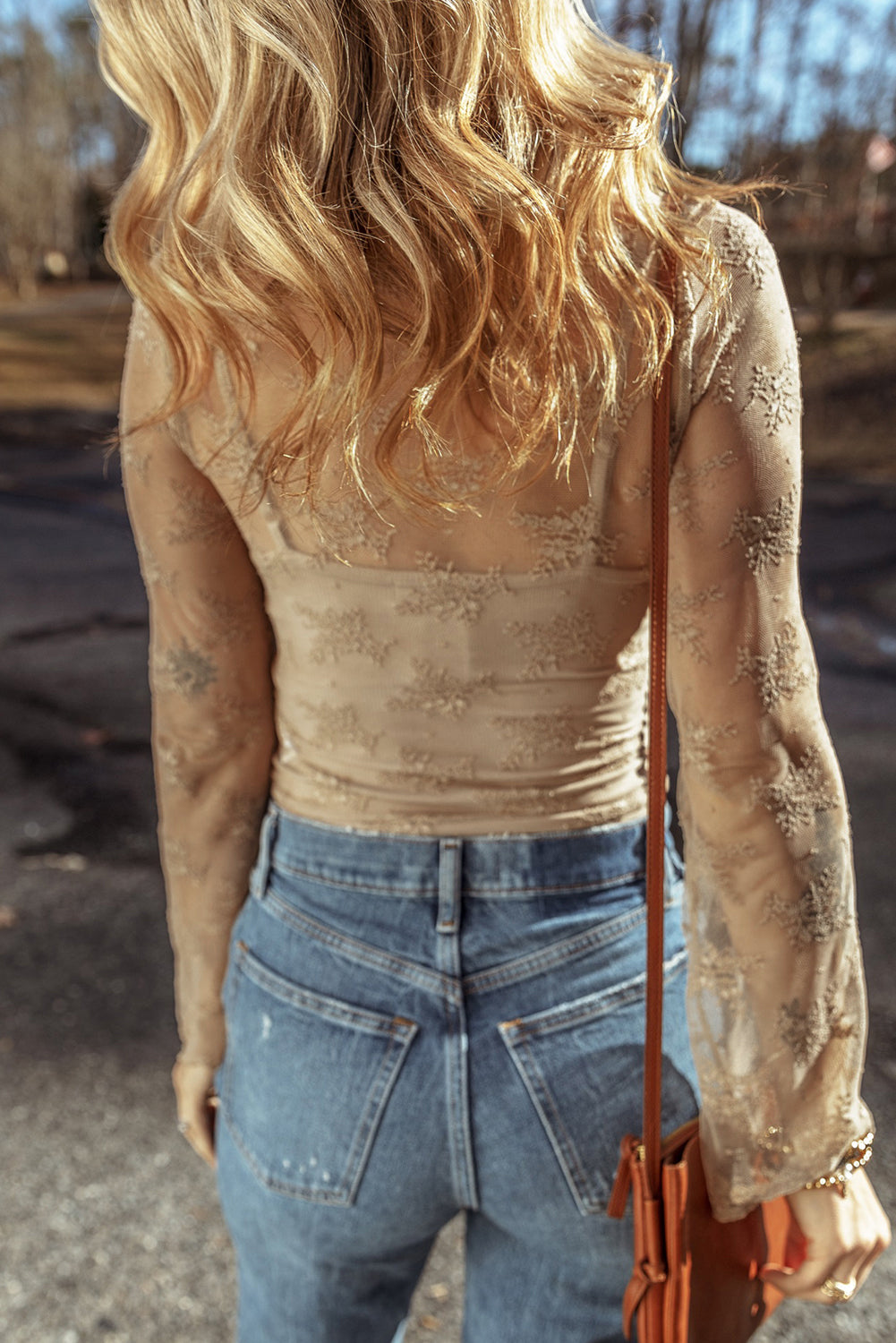Apricot Lace Mesh Crochet Splicing Slim Fit Long Sleeve Blouse - Premium Tops/Blouses & Shirts from Ashes 2 Wildflowers Boutique, LLC- Just $17.88! Shop now at Ashes 2 Wildflowers Boutique, LLC