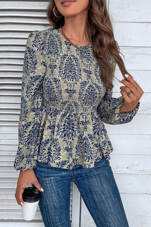 Sky Blue Boho Printed Balloon Sleeve Smocked Peplum Blouse - Premium Tops/Blouses & Shirts from Ashes 2 Wildflowers Boutique, LLC- Just $23.73! Shop now at Ashes 2 Wildflowers Boutique, LLC