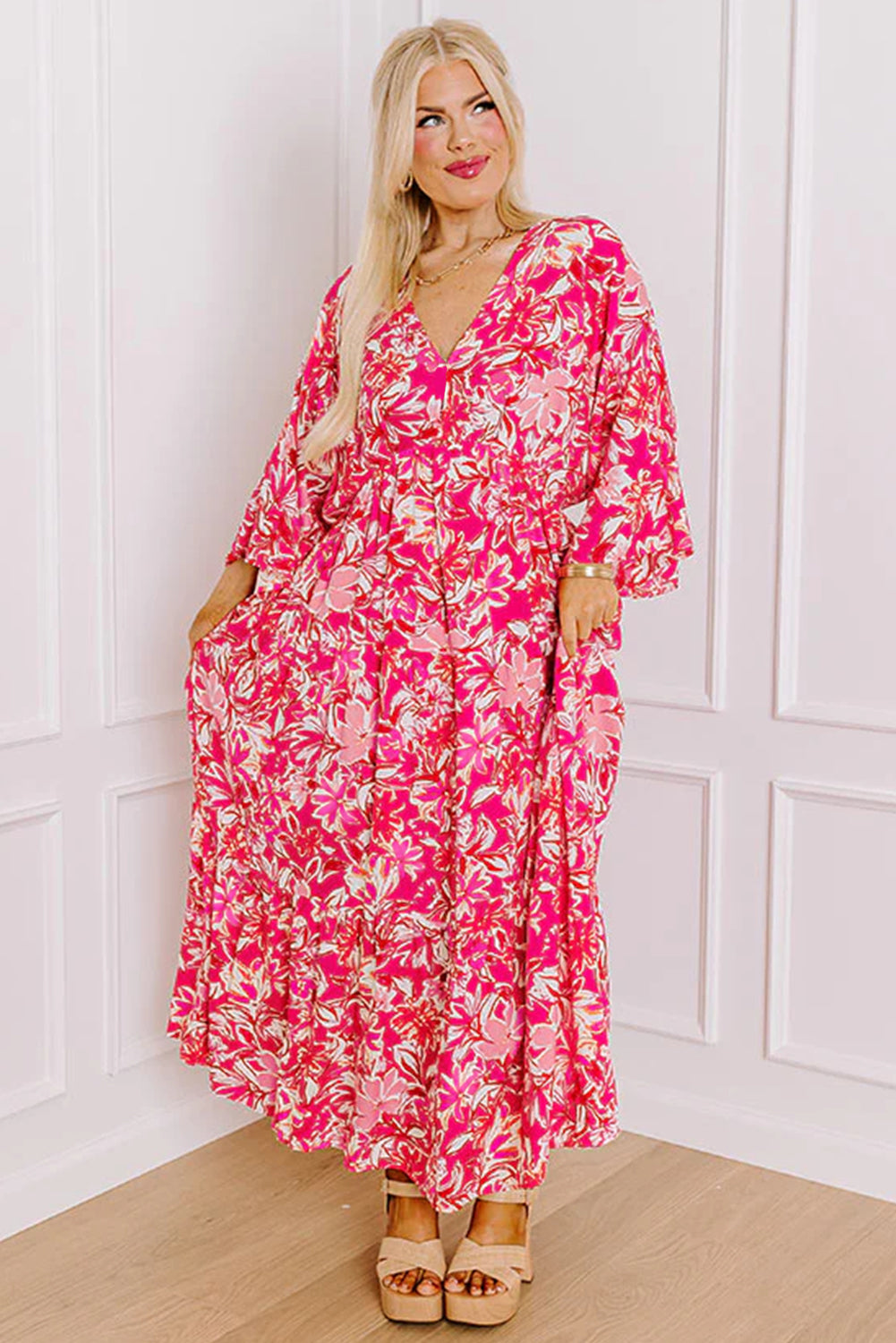 Rose Plus Size Floral V Neck Wide Sleeve Maxi Dress - Premium Plus Size/Plus Size Dresses/Plus Size Maxi Dresses from Ashes 2 Wildflowers Boutique, LLC- Just $52.99! Shop now at Ashes 2 Wildflowers Boutique, LLC