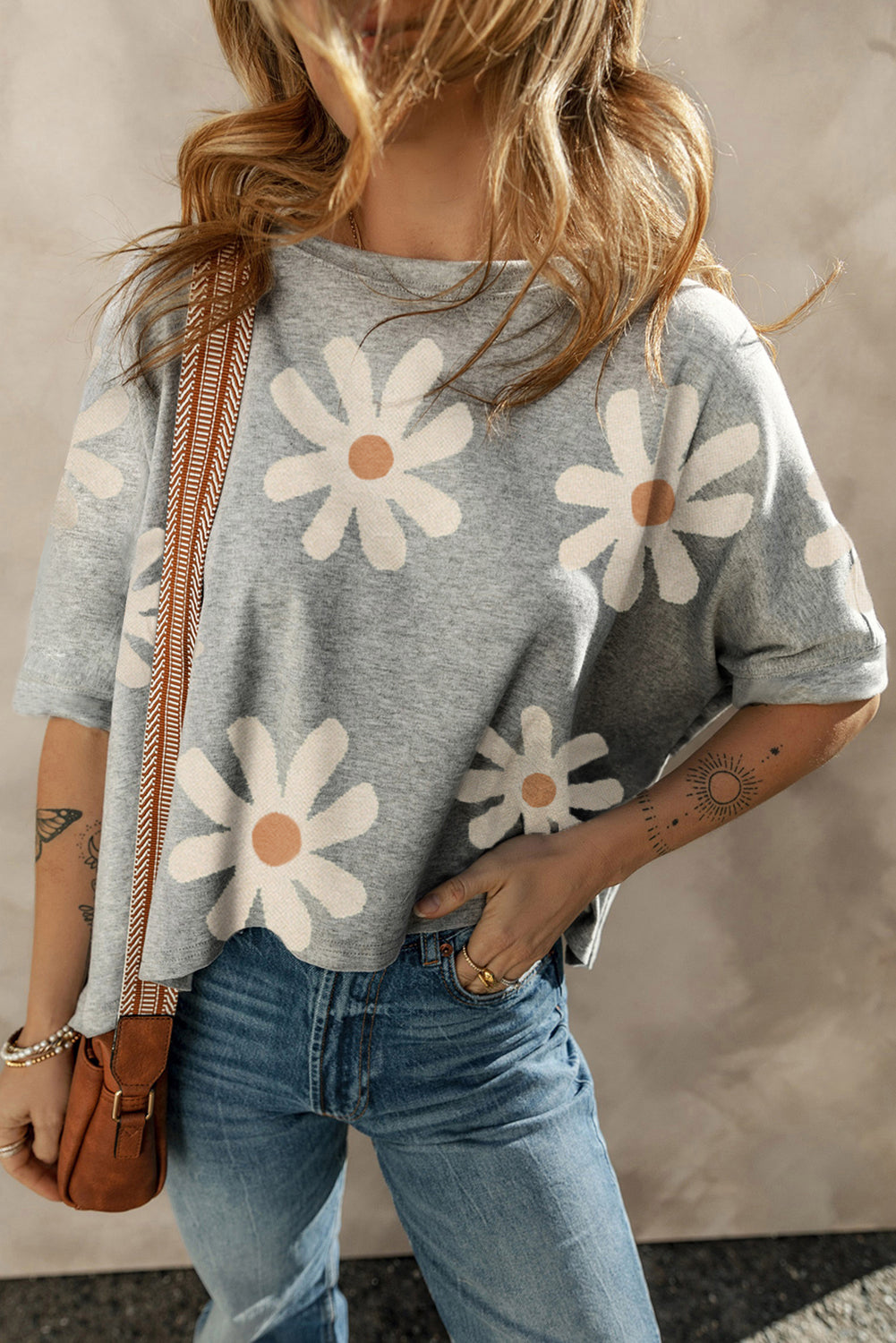 Gray Daisy Flower Printed Casual T Shirt - Premium Tops/Tops & Tees from Momma Done Gone Crafty- Just $30! Shop now at Momma Done Gone Crafty