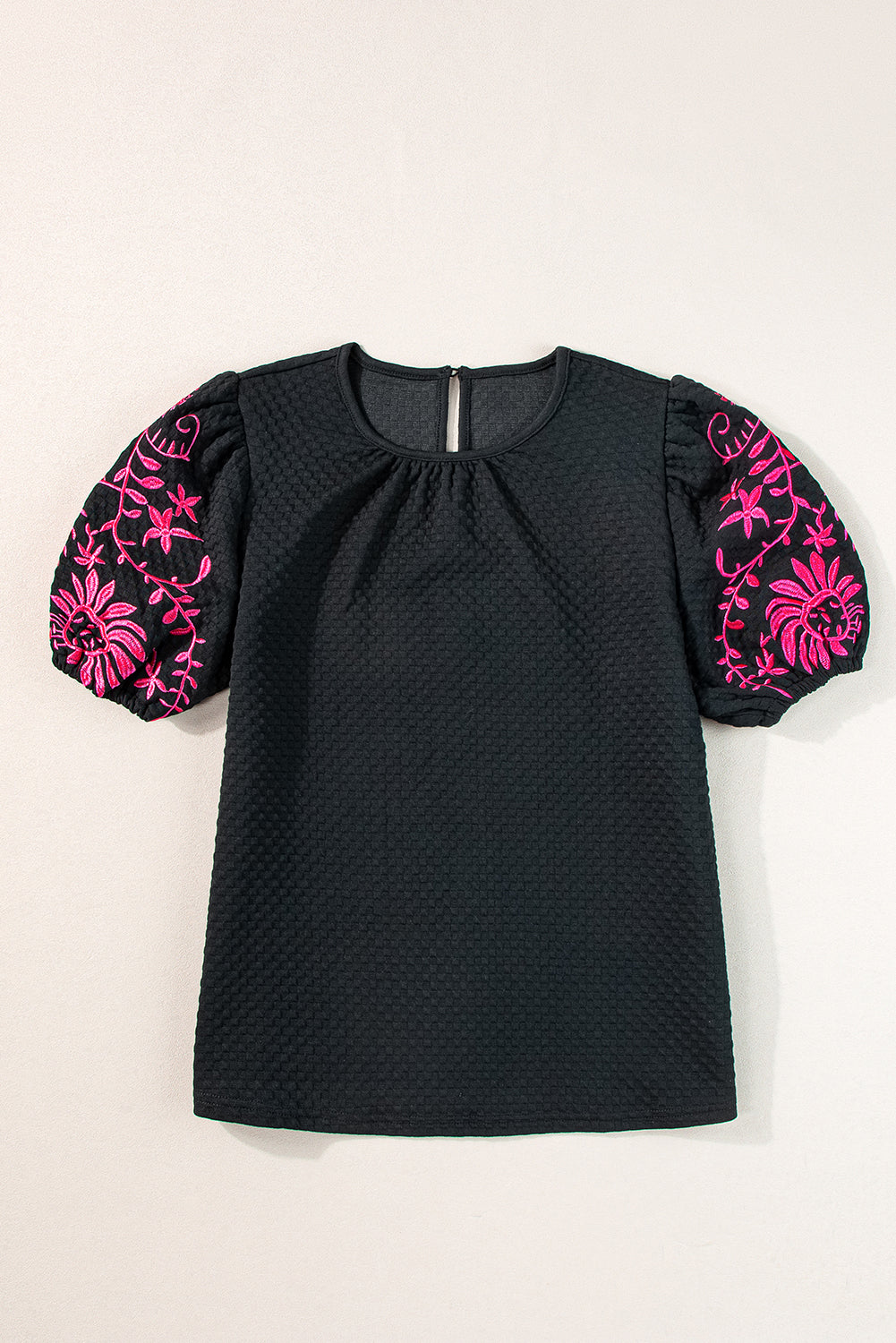 Black Floral Embroidered Textured Puff Sleeve T Shirt - Premium Tops/Tops & Tees from Momma Done Gone Crafty- Just $23.16! Shop now at Momma Done Gone Crafty