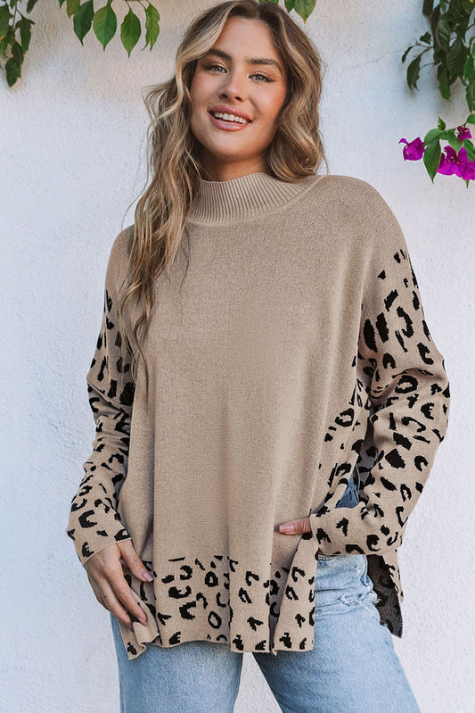 Khaki Leopard High Neck Side Slit Oversized Sweater - Premium Tops from Momma Done Gone Crafty- Just $45.50! Shop now at Momma Done Gone Crafty