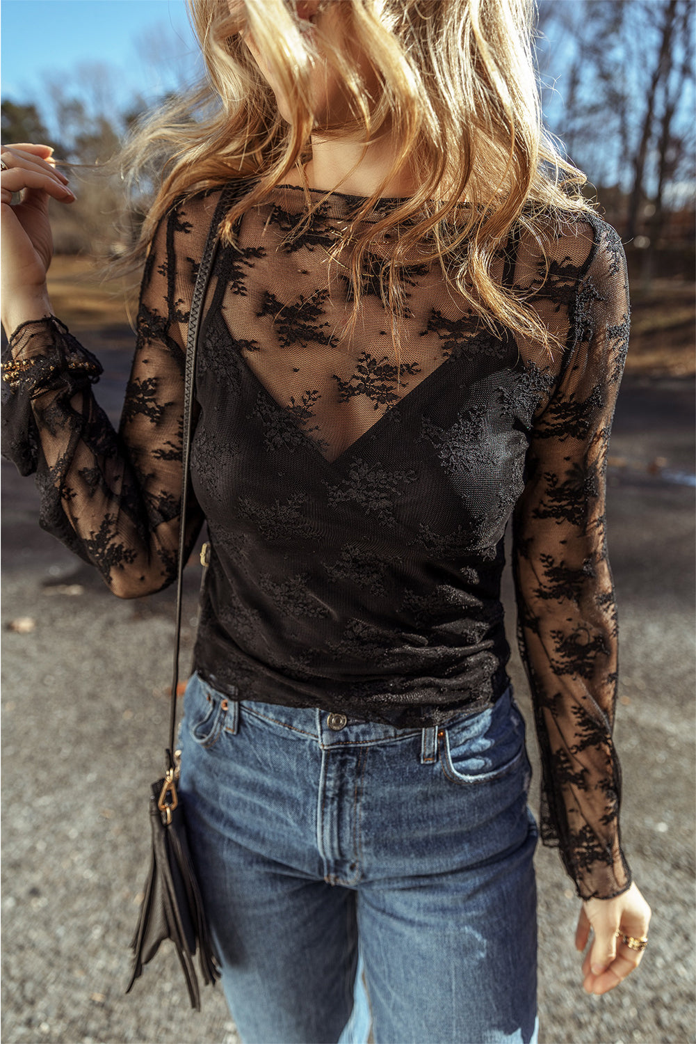 Black Lace Mesh Crochet Splicing Slim Fit Long Sleeve Blouse - Premium Tops/Blouses & Shirts from Ashes 2 Wildflowers Boutique, LLC- Just $27.88! Shop now at Ashes 2 Wildflowers Boutique, LLC