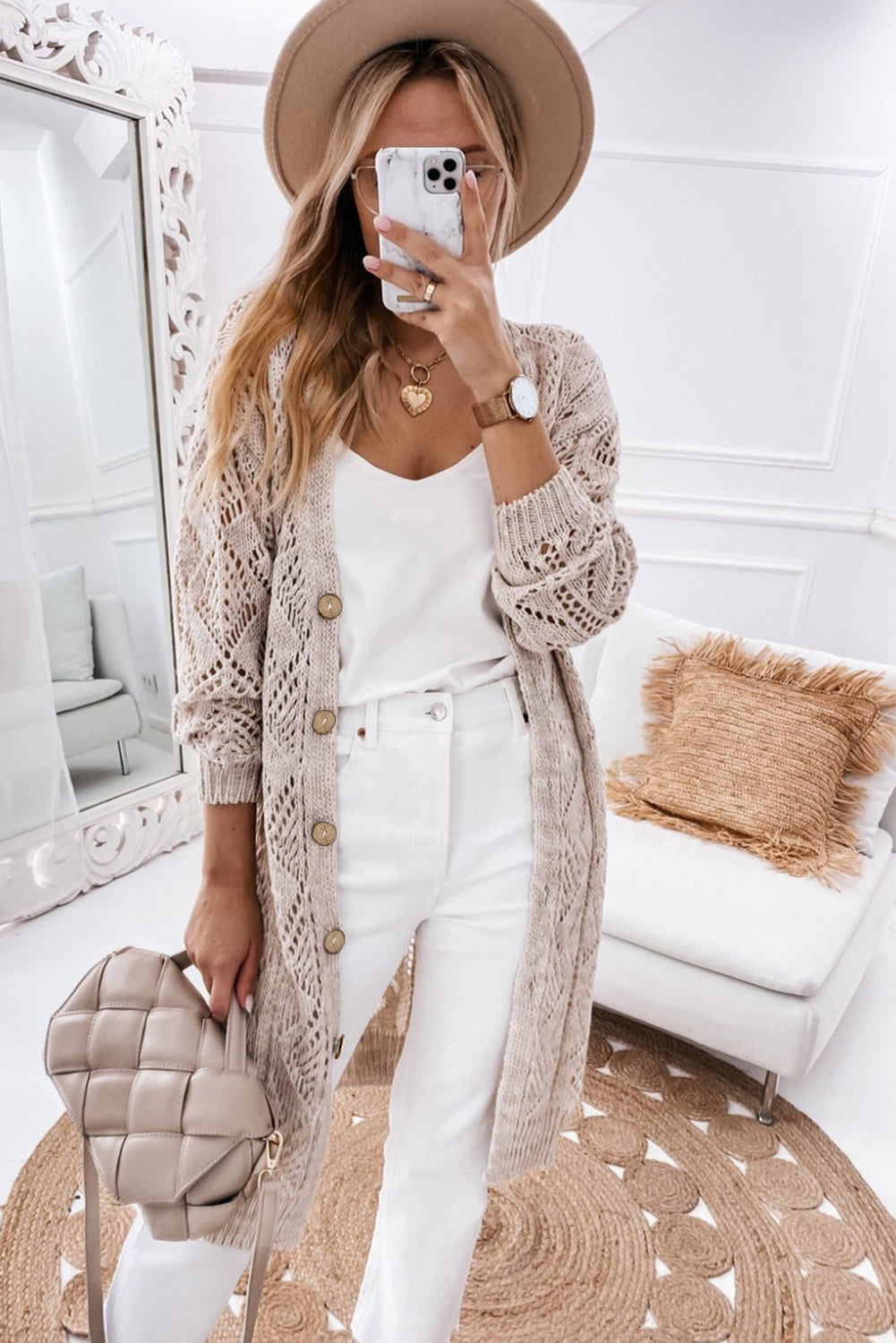 Khaki Hollow-out Openwork Knit Cardigan - Premium Tops from Momma Done Gone Crafty- Just $49.99! Shop now at Momma Done Gone Crafty