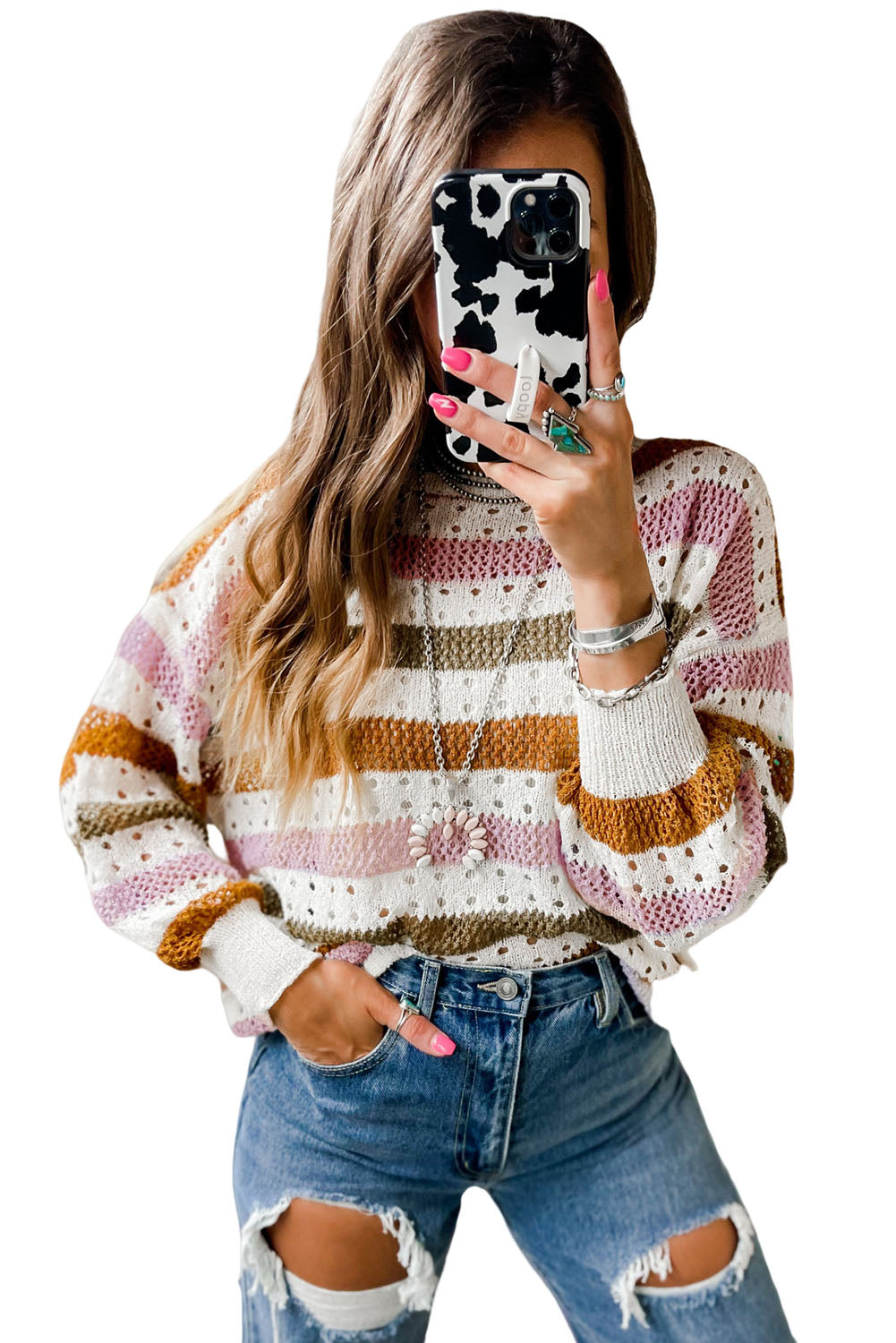 Multicolor Striped Hollowed Knitted Loose Sweater - Premium Tops from Momma Done Gone Crafty- Just $35.40! Shop now at Momma Done Gone Crafty