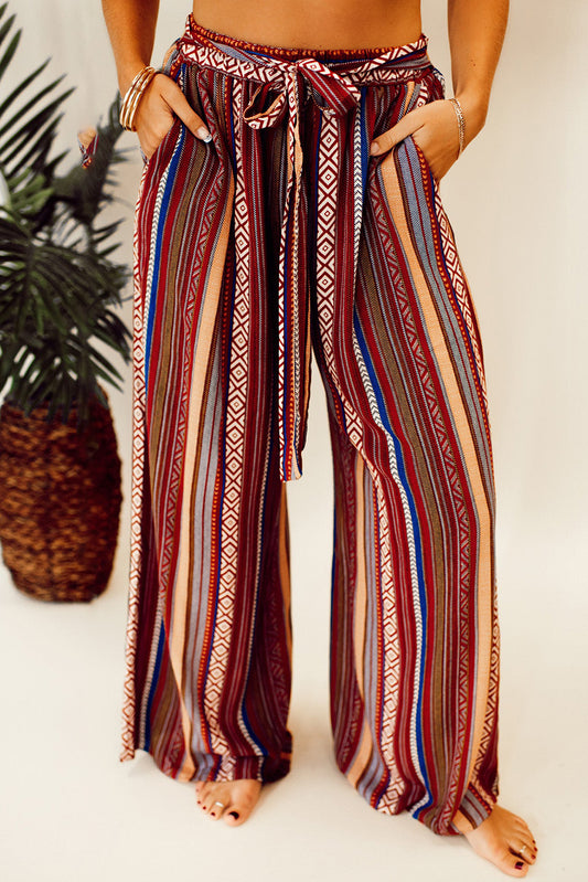 Red Boho Ethnic Striped Print Tie Waist Wide Leg Pants - Premium Bottoms/Pants & Culotte from Momma Done Gone Crafty- Just $22.83! Shop now at Momma Done Gone Crafty