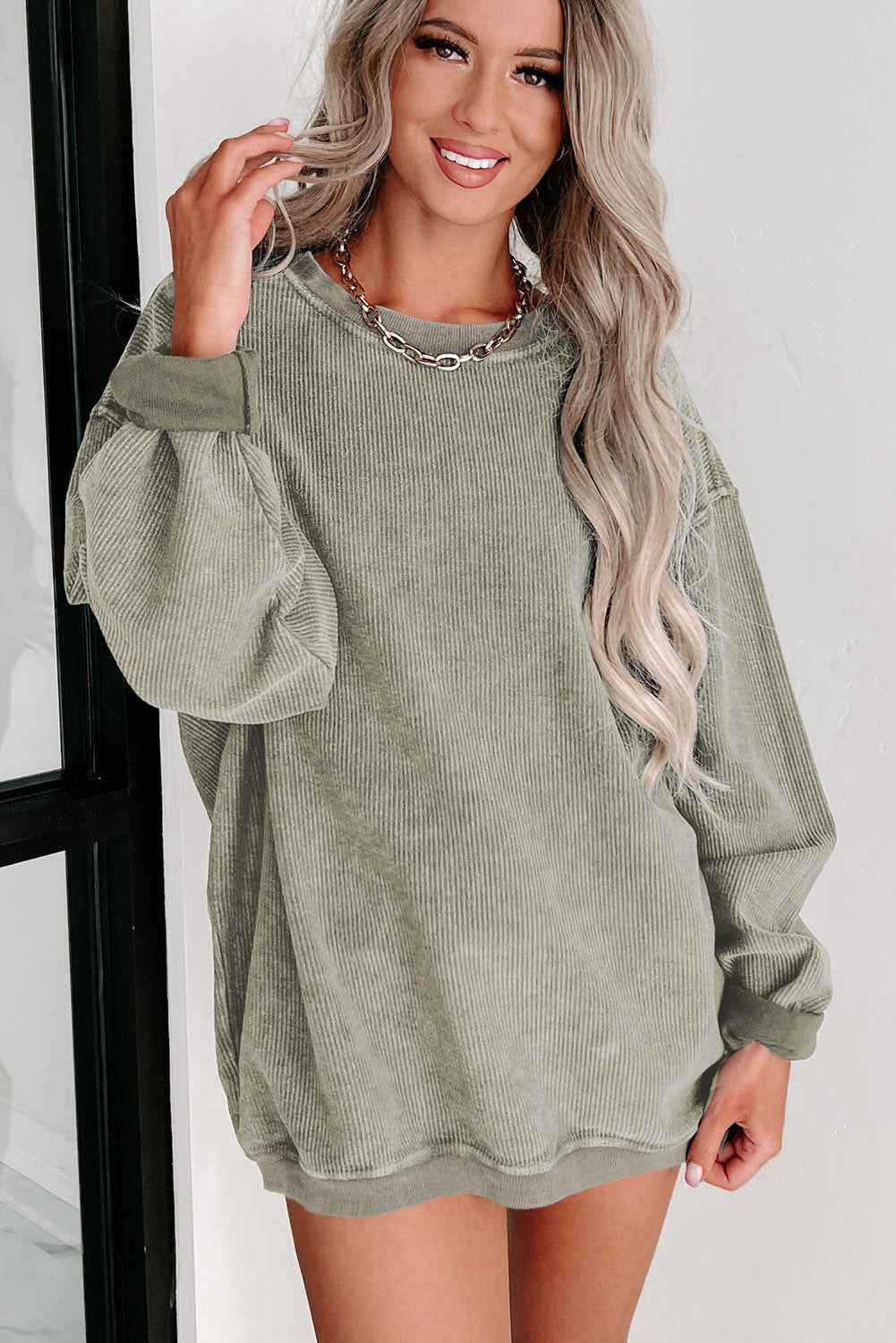 Green Solid Ribbed Knit Round Neck Pullover Sweatshirt - Premium Tops from Momma Done Gone Crafty- Just $44.99! Shop now at Momma Done Gone Crafty