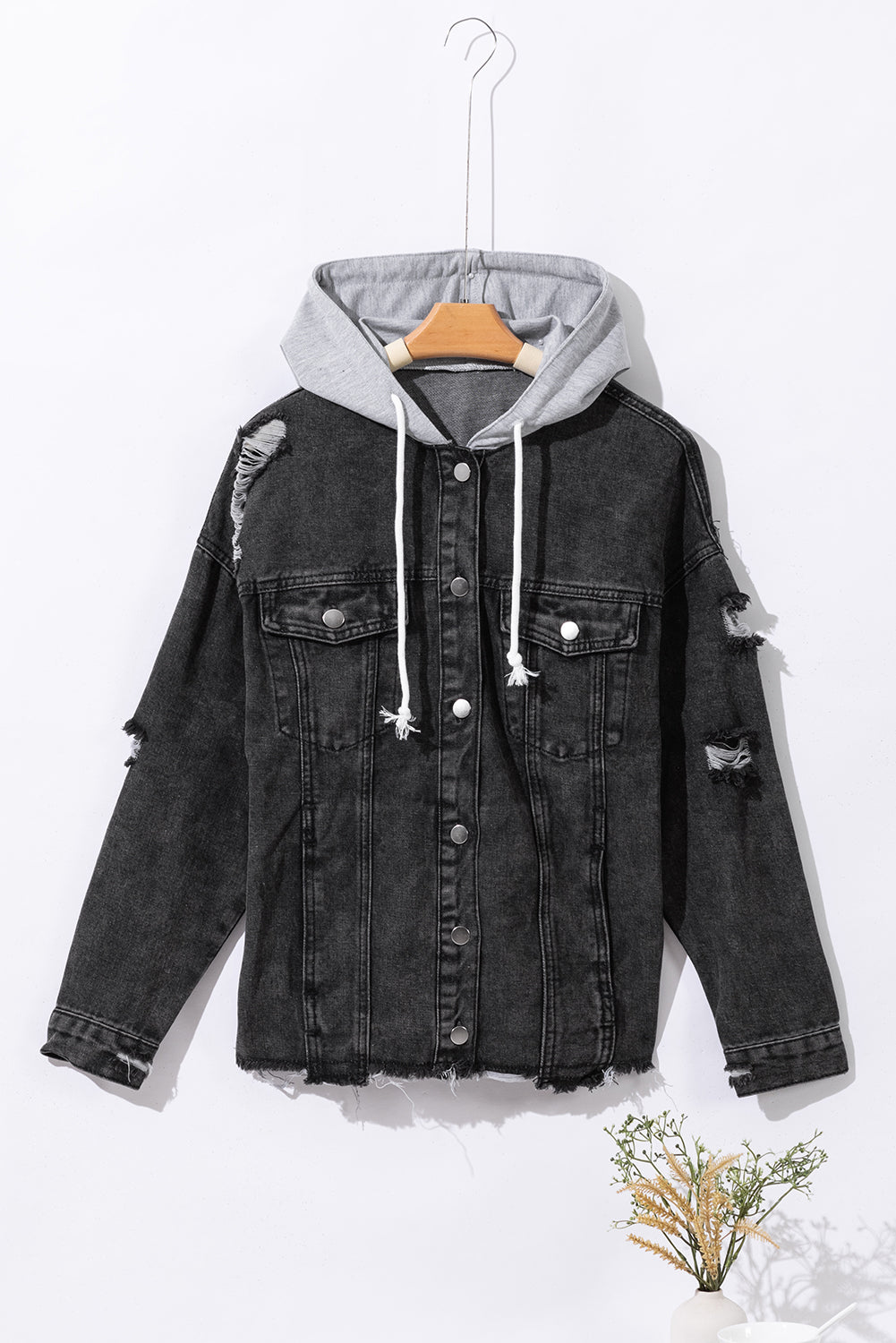 Black Drawstring Hooded Frayed Denim Jacket - Premium Outerwear from Momma Done Gone Crafty- Just $52.23! Shop now at Momma Done Gone Crafty