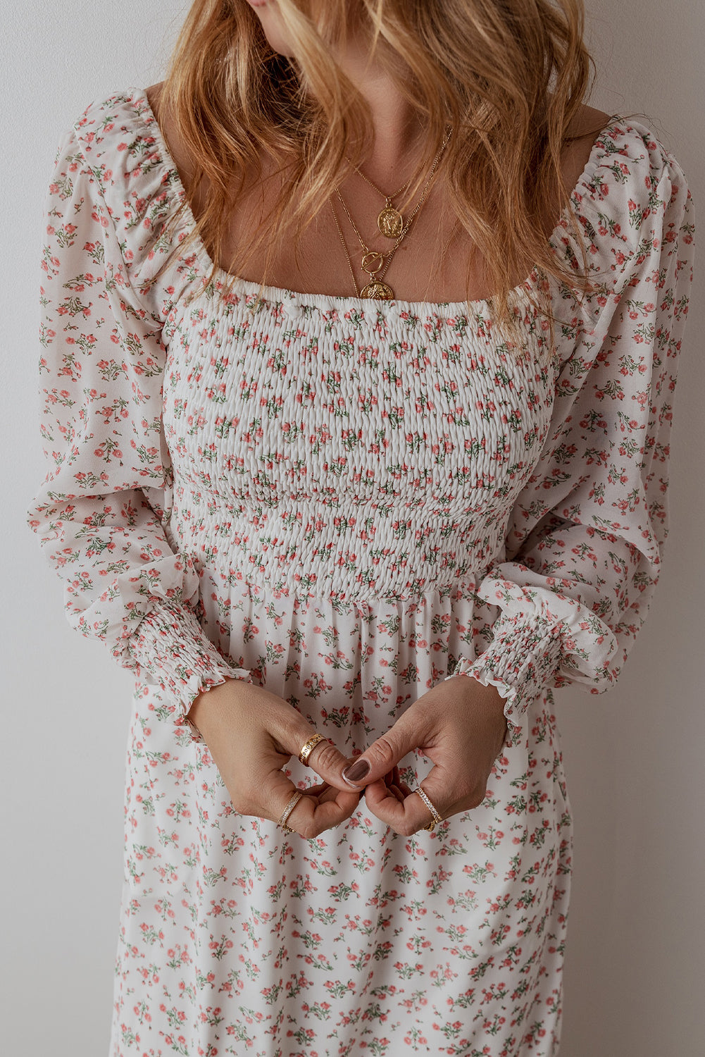 White Floral Print Shirred Ruffled Hem Square Neck Midi Dress - Premium Dresses/Floral Dresses from Ashes 2 Wildflowers Boutique, LLC- Just $38.53! Shop now at Ashes 2 Wildflowers Boutique, LLC